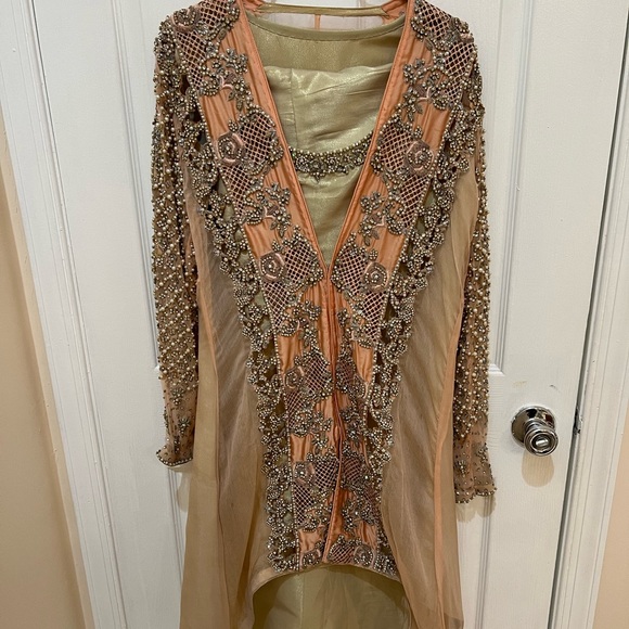 Pakistani shalwar kameez peach heavy kaam wedding dress Eid Indian high low desi - Picture 9 of 17